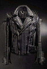 Steampunk Handmade Jacket, Heavy Metal Long Spiked Gothic Jacket, Personalized Multi Studs Jacket, Silver Studded Motorbike Jacket,